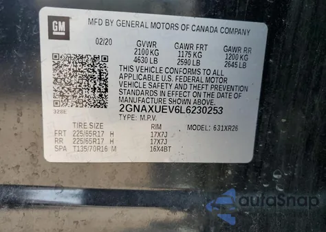 2020 Chevrolet Equinox Lt из США, поврежденный, VIN 2GNAXUEV6L6230253